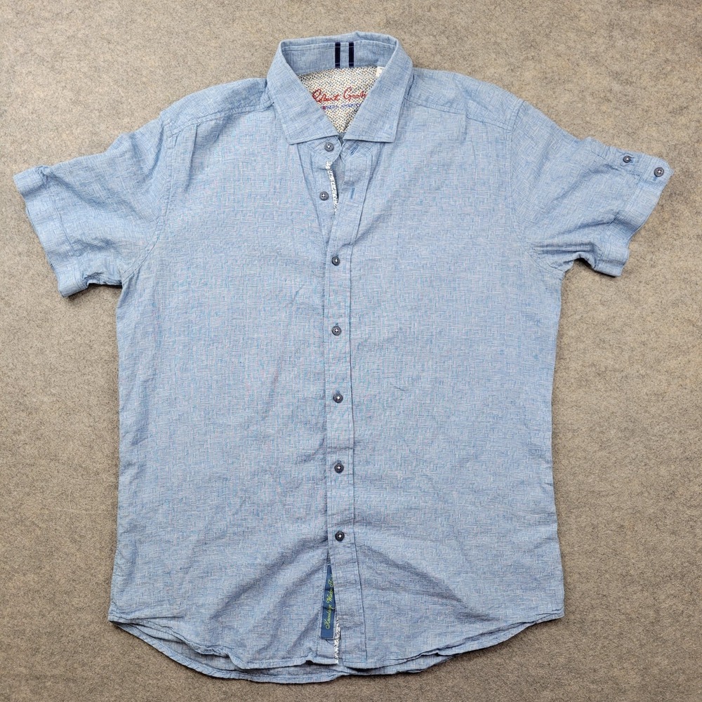 Robert Graham Shirt Mens Large Blue Geometric Linen Button Front Short Sleeve